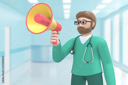 Male doctor in medical interior hospital is shouting, shouting, speaking megaphone, attention, warning. Cartoon person. 3D rendering.