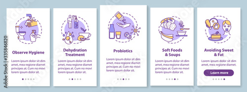Rotavirus treatment onboarding mobile app page screen with concepts. Food poisoning and infection prevention walkthrough 5 steps graphic instructions. UI vector template with RGB color illustrations