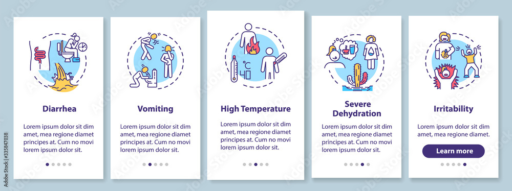 Rotavirus symptoms onboarding mobile app page screen with concepts. Viral infection and food poisoning signs walkthrough 5 steps graphic instructions. UI vector template with RGB color illustrations