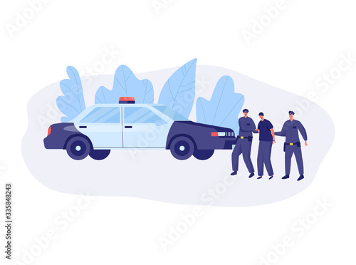 Emergency service police rescue vector illustration. Dangerous job in protection and security services, professionals and volunteers cartoon character. Emergency concept