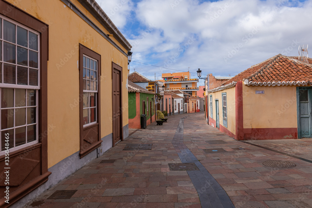 Beautiful colorful streets of old colonial town in Los Llanos de Aridane in La Palma Island, Canary Islands, Spain.