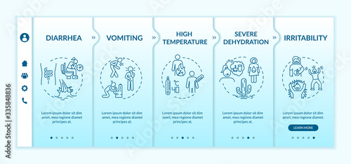 Rotavirus symptoms onboarding vector template. Diarrhea, vomiting, dehydration viral infection sign. Responsive mobile website with icons. Webpage walkthrough step screens. RGB color concept