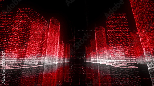 Moving through the bright red and white colored model of abstract digital city contained of random numbers and symbols on black background. Business, communications or tech concept. 3d rendering 4k