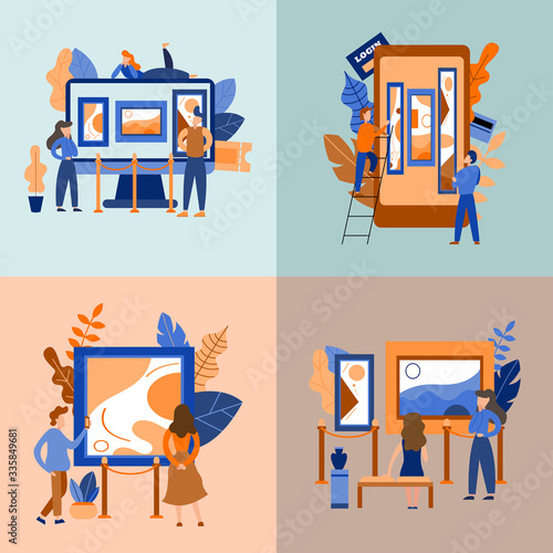 Set of concepts. Mobile museum guide application. Interactive exhibition. Virtual art gallery tours. Vector flat illustration