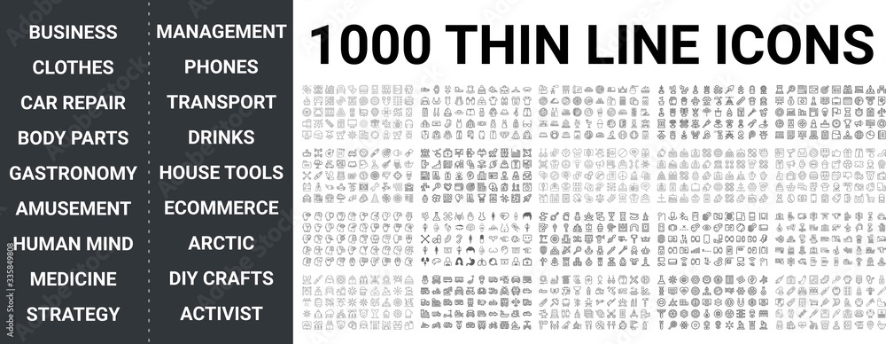 Big set of 1000 thin line icon. Business, clothes, car repair, body parts, gastronomy, amusement, human mind, medicine, strategy, management, transport, ecommerce, phones, food, drink icons, ui pack - obrazy, fototapety, plakaty 