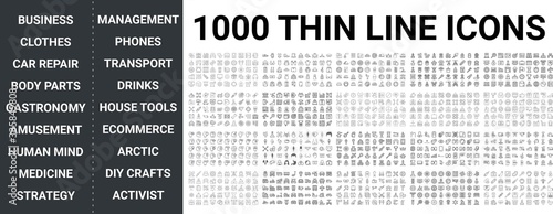 Big set of 1000 thin line icon. Business, clothes, car repair, body parts, gastronomy, amusement, human mind, medicine, strategy, management, transport, ecommerce, phones, food, drink icons, ui pack