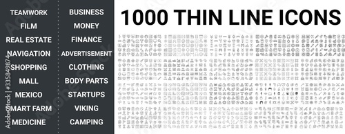 Big set of 1000 thin line icon. Teamwork, film, real estate, navigation, maps, shopping, mall, mexico, smart farm, medicine, health, business, money, finance, ads, clothing, body parts icons, ui pack