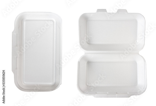 empty takeaway food styrofoam container, open and closed, isolated on white