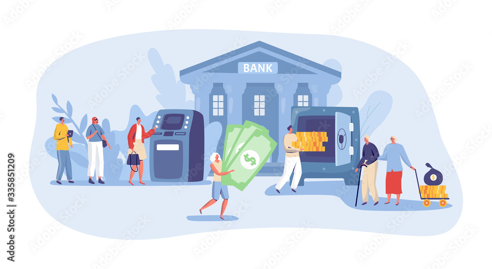 Bank operations, financial transactions and payments vector illustration. Online banking, money transfers and bank account service concept. Modern flat style design, cartoon characters money operation Bank operations, financial transactions and payments vector illustration. Online banking, money transfers and bank account service concept. Modern flat style design, cartoon characters money operation