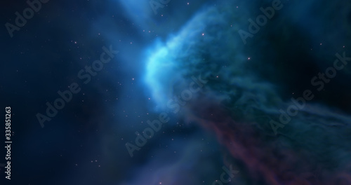 Nebula and star fields, stellar nursery. Stellar system and gas nebula. Newborn stars, glowing clouds heated by intense radiation. Deep space. Science fiction. 3D render
