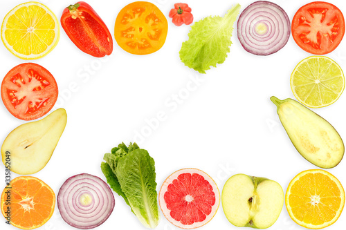 Fototapeta Naklejka Na Ścianę i Meble -  Top view of frame fresh cut vegetables and fruits isolated on white