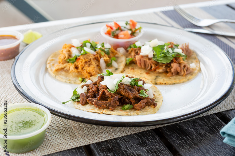 A view of three Mexican street tacos on a plate, in a restaurant or kitchen setting.