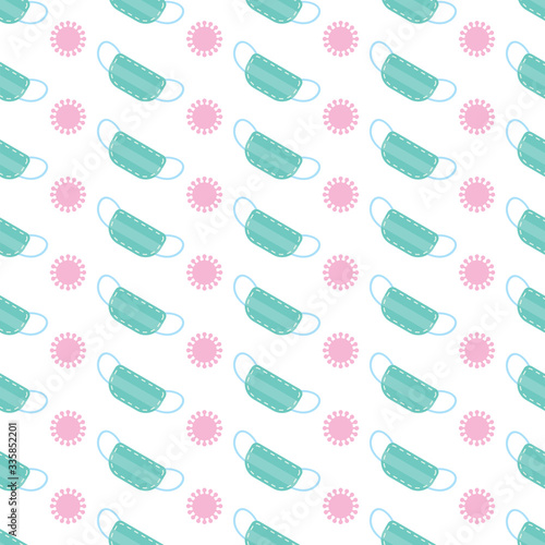 Medical masks and coronavirus shapes seamless pattern on white background. Protective masks vector pattern background illustration.