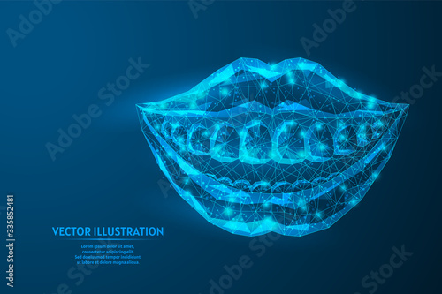 Healthy human smile, closeup mouth. White clean teeth, puffy lips. The concept of stomatology, cosmetology, innovative medical technology. 3d low poly wireframe vector illustration.
