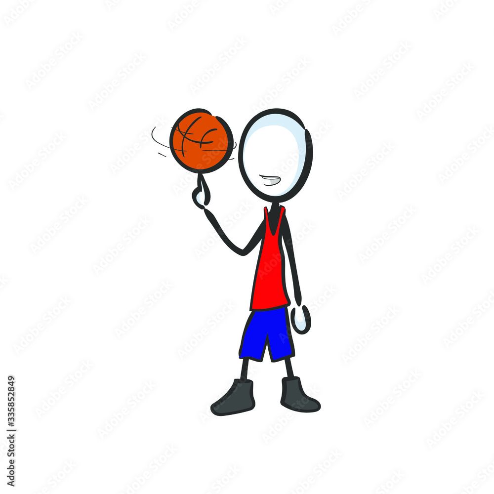Basketball player. Team game. Spinning ball on finger. Sports activity. Hand drawn. Stickman cartoon. Doodle sketch, Vector graphic illustration Basketball player. Team game. Spinning ball on finger. Sports activity. Hand drawn. Stickman cartoon. Doodle sketch, Vector graphic illustration