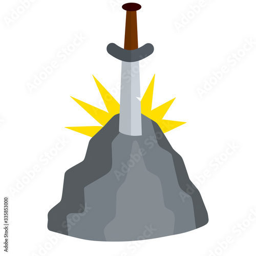 Legendary Excalibur. Knight and king Arthur test element. Medieval weapons and rock. Cartoon flat illustration. Sword in stone with light. English mythology and fairy tale
