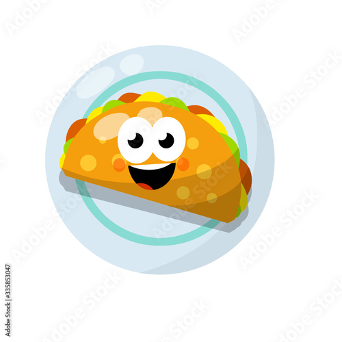 Tacos. Cute mascot with face, smile and eye. National Mexican fast food in tortilla. Traditional Spicy meal with meat and vegetables. Cartoon flat illustration