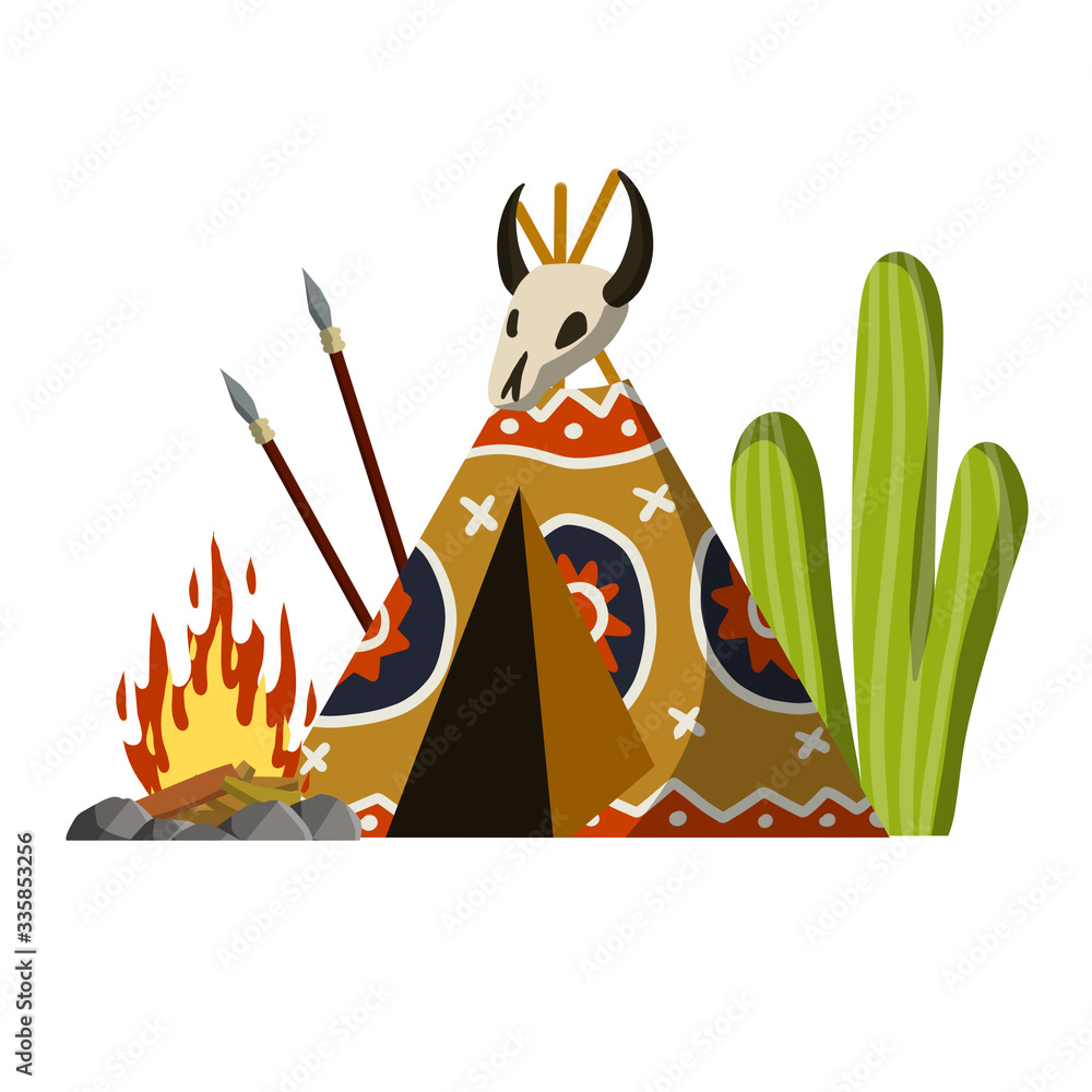 Indian wigwam. Home of native American. Tent made of skins. Brown tepee.  Tribal hut. Spear and skull of animal. Cartoon flat illustration. Stock  Vector | Adobe Stock
