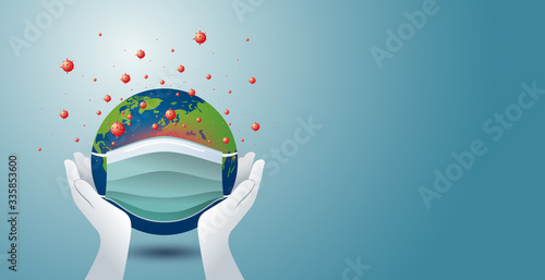 Covid-19 Coronavirus disease design of hands to protect the world with mask vector 3d illustration