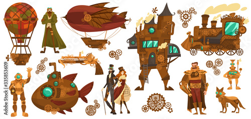 Steampunk technology, fantasy vintage transport and people cartoon characters, vector illustration. Mechanical vehicle, airship, submarine, hot air balloon and train. Steam punk invention isolated set