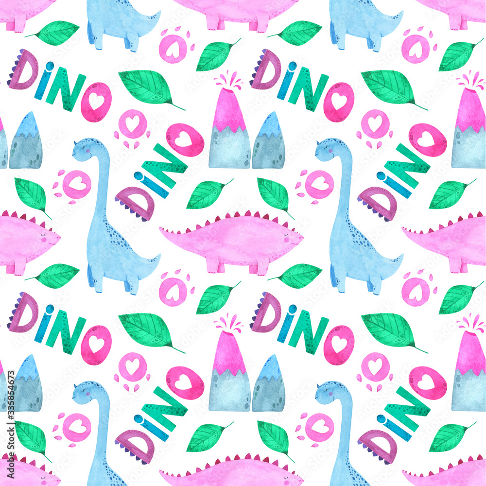 Seamless Dino pattern watercolor, dinosaur background, Dino print, cute colorful dinosaur illustration for kids