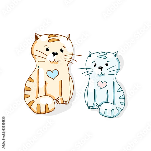 Fototapeta Naklejka Na Ścianę i Meble -  two lovely cartoon cats with heart. Vector illustration for postal or sticker.
