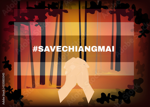 Chiang mai, Thailand forest fire, Pray for Chiangmai with Parying hands on Thailand national flag and forest fire background, Save Chiangmai concept, sign symbol background, vector illustration.