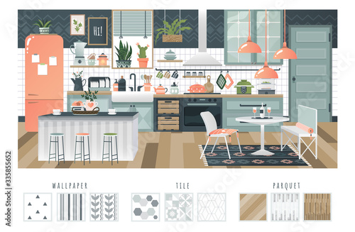 Kitchen interior design with cozy ambience, comfortable layout and modern appliances, vector illustration. Home furniture decoration, choice of wall tile and floor parquet. Empty luxury kitchen room