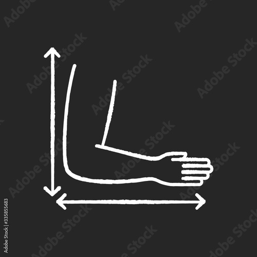 Arm length chalk white icon on black background. Bespoke clothing making, tailoring. Measuring length from shoulder. Apparel sleeve dimension specification. Isolated vector chalkboard illustration
