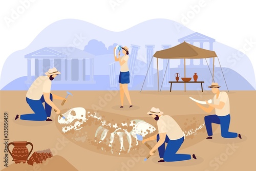 Archaeological excavation team discovers dinosaur skeleton, vector illustration. Archaeologist searching for ancient artifact, people cartoon character. Men and women using archeology expedition tools