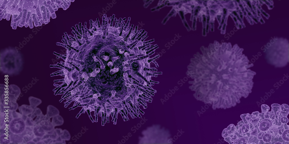 COVID-19 epidemic. Microscopic view of coronavirus cells on violet background, illustration with blank space. Panorama COVID-19 epidemic. Microscopic view of coronavirus cells on violet background, illustration with blank space. Panorama