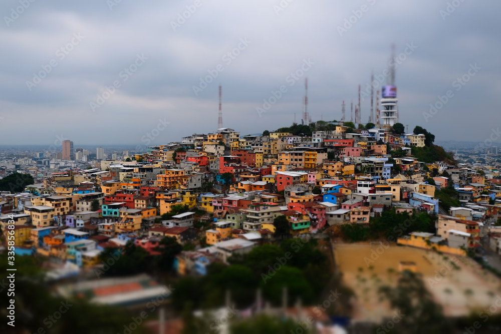Selective focus, tilt-shift. Colorful houses on Santa Ana hill in Guayaquil, Ecuador