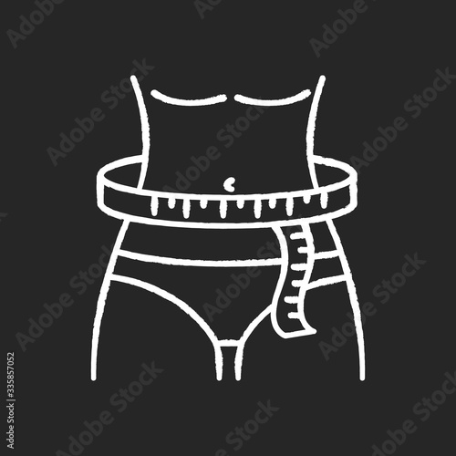 Waist circumference chalk white icon on black background. Tailor measurements, slimming. Woman waistline width specification for bespoke female clothing. Isolated vector chalkboard illustration