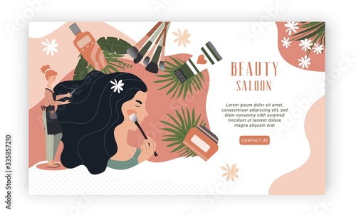 Beauty salon website design, professional woman makeup and hairstyle, vector illustration. Beautiful girl face treatment, natural cosmetics in luxury salon. Skincare and beauty fashion haircut service