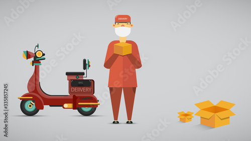 Delivery order Packaging  box and postman logistic driver motorcycle. vector, illustration