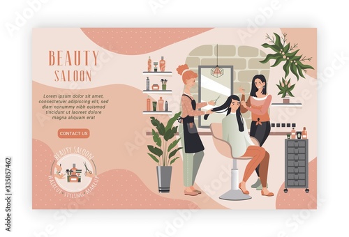 Woman in beauty salon, professional hairdresser and makeup artist people, vector illustration. Beautiful girl haircut styling, cosmetic salon customer. Happy cartoon characters in luxury beauty center