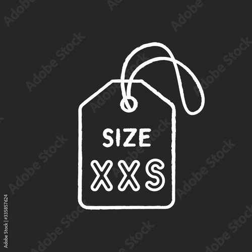 XXS size label chalk white icon on black background. Kids garments parameters description. Extra small size informational tag for little children clothing. Isolated vector chalkboard illustration
