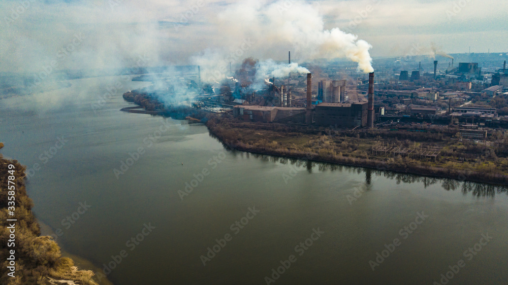 metallurgical production plant full cycle smoke from pipes bad ecology aerial photography
