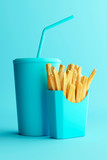 Fries box with drink cup in minimal look. Isolated product. 3D rendering.