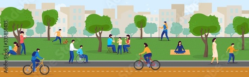 People in summer park enjoying active outdoor leisure, healthy lifestyle in city, vector illustration. Men and women cartoon character walking and cycling in park. Outdoor picnic family relax together