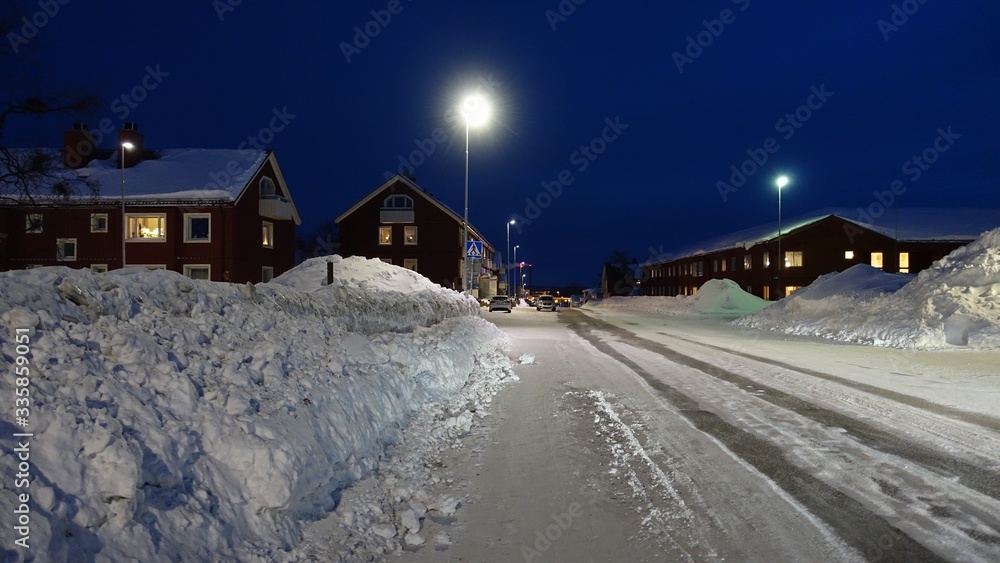 one of the snowy roads in the center of Kiruna in Sweden one of the snowy roads in the center of Kiruna in Sweden