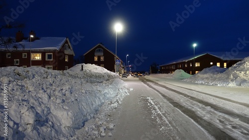 one of the snowy roads in the center of Kiruna in Sweden