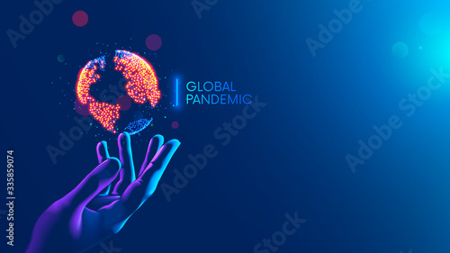 Global pandemic concept. Red dots show nidus of infection on continents of earth hanging over hand medical doctor. Map of World epidemic coronavirus covid-19. disease or Infection on planet on blue. photo