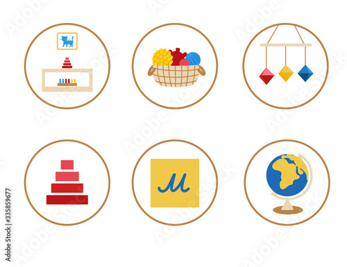 Icons with toys for preschool, kindergarten, web, school, blog. Elements with sensory materials: pyramid, animal silhouette, baby mobile, basket with balls, rough letters, globe.
