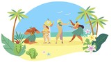Hawaiian people welcome tourist family on exotic island, ethnic summer vacation, vector illustration. Traditional culture, man and woman cartoon characters on beach. Tropical resort ceremony ritual