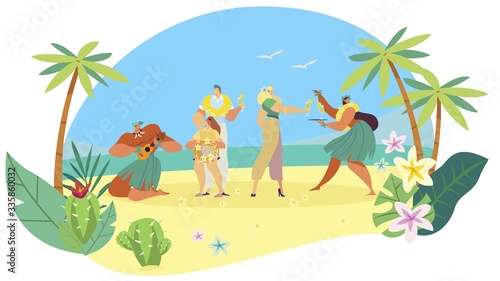 Hawaiian people welcome tourist family on exotic island  ethnic summer vacation  vector illustration. Traditional culture  man and woman cartoon characters on beach. Tropical resort ceremony ritual