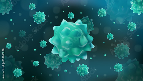 Virus disease. Infection flu, pnevmonia. Danger that cause harm to a living organism. Pandemic virus. Deadly virus COVID-19.Viruses under the microscope. Epidemic flu. Vector illustration.