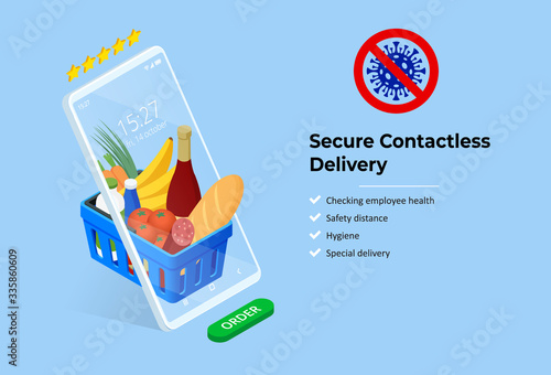 Isometric Delivery man or courier in a medical mask and gloves delivering food to customer at home. Online purchases during a quarantine. Contactless or to the door delivery.