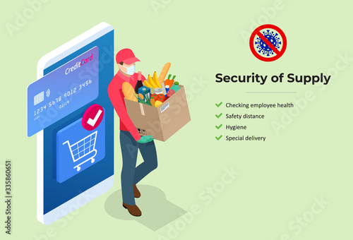 Isometric Delivery man or courier in a medical mask and gloves delivering food to customer at home. Online purchases during a quarantine. Contactless or to the door delivery.