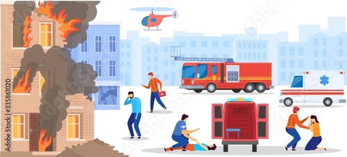 Emergency service rescue people from destroyed burning house, doctor help victim, vector illustration. Disaster accident in city, paramedics save men and women. Ambulance emergency team, explosion